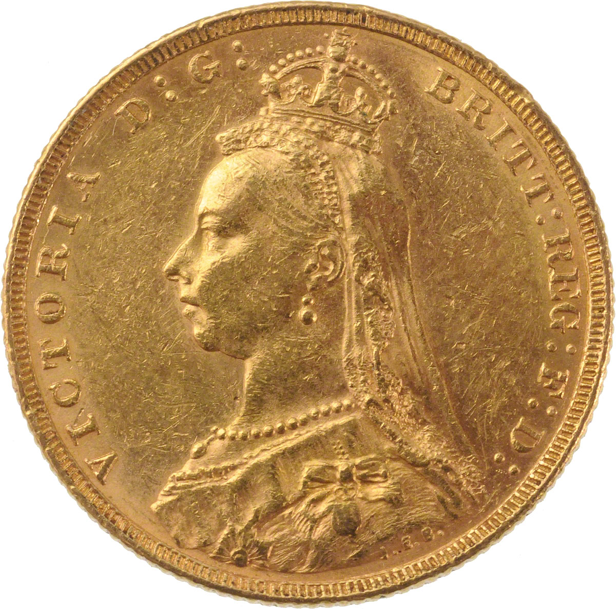 Obverse Face of a 1887-Gold-Sovereign-Victoria-Jubilee-Head-St-George-Melbourne-Mint