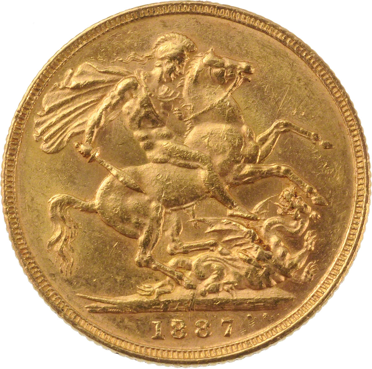 Reverse Face of a 1887-Gold-Sovereign-Victoria-Jubilee-Head-St-George-Melbourne-Mint