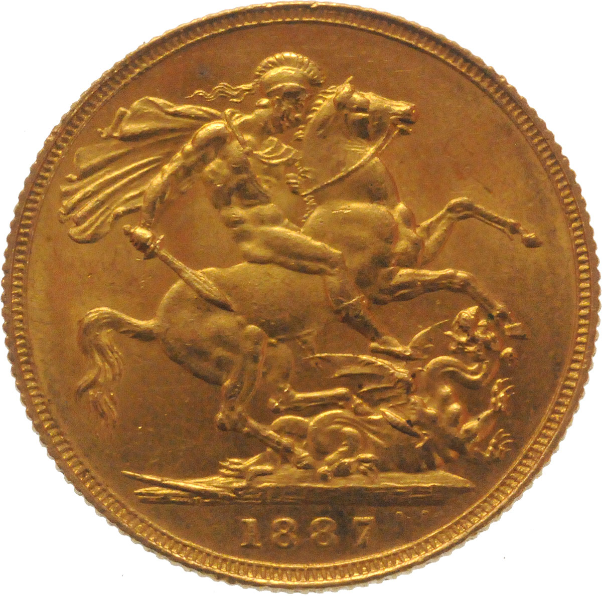 Reverse Face of a 1887-Gold-Sovereign-Victoria-Jubilee-Head-St-George-London-Mint