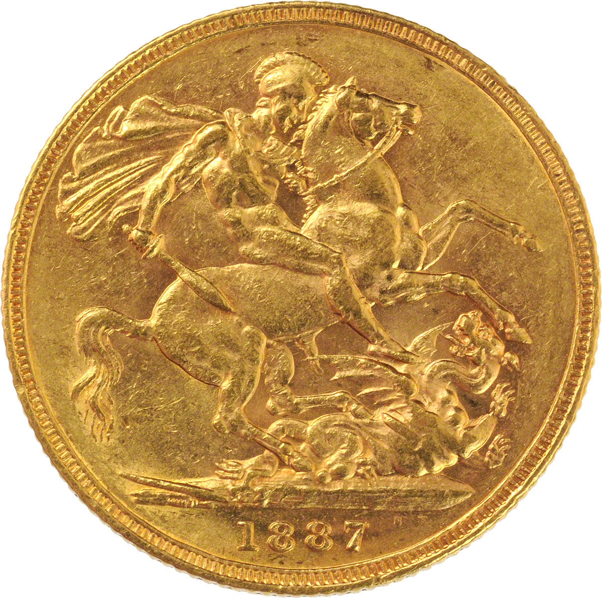 Reverse Face of a 1887-Gold-Sovereign-Victoria-Young-Head-St-George-Melbourne-Mint