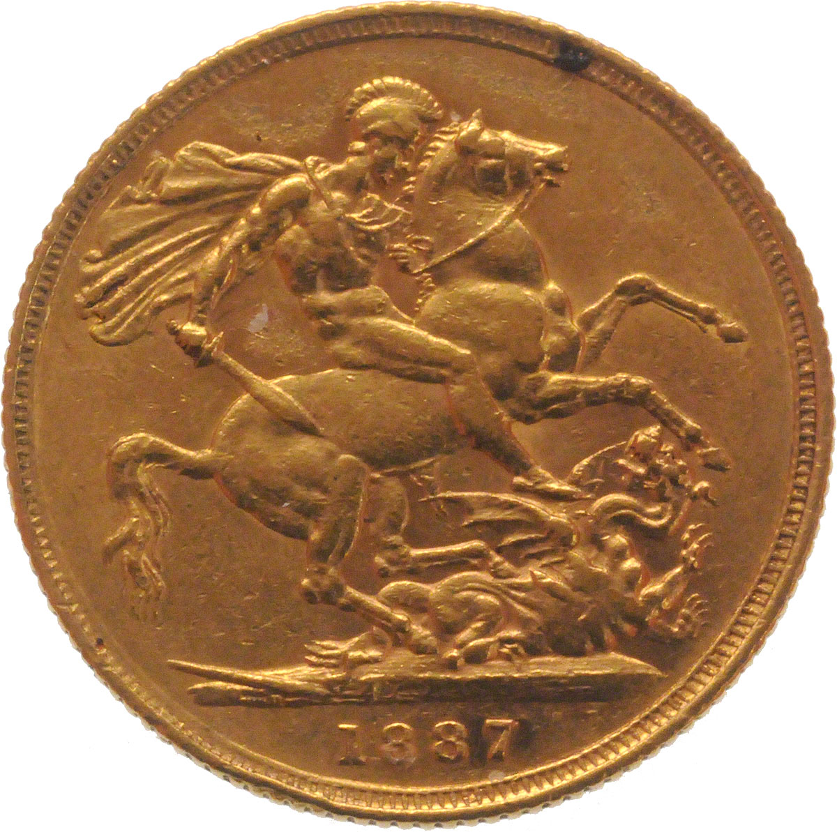 Reverse Face of a 1887-Gold-Sovereign-Victoria-Young-Head-St-George-Sydney-Mint