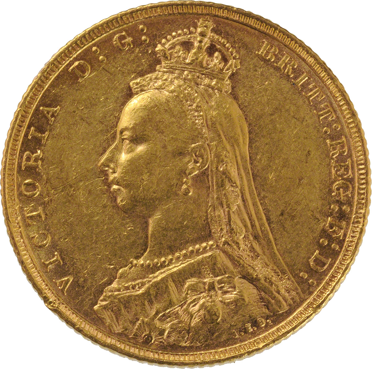 Obverse Face of a 1887-Gold-Sovereign-Victoria-Jubilee-Head-St-George-Sydney-Mint