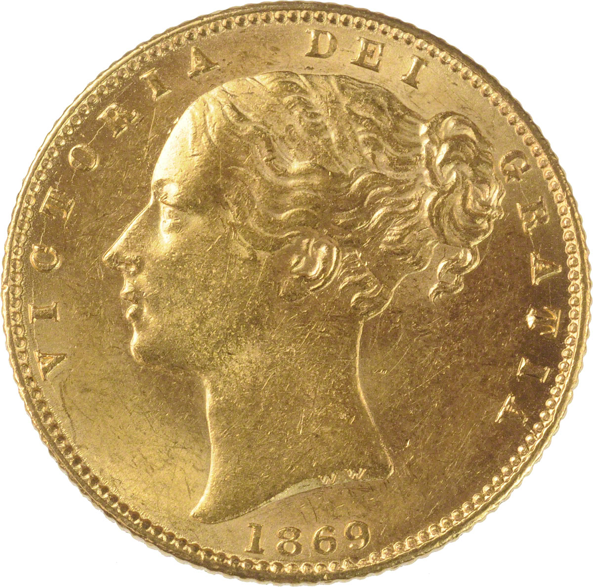 1869 gold sovereign : victoria (young head) shield